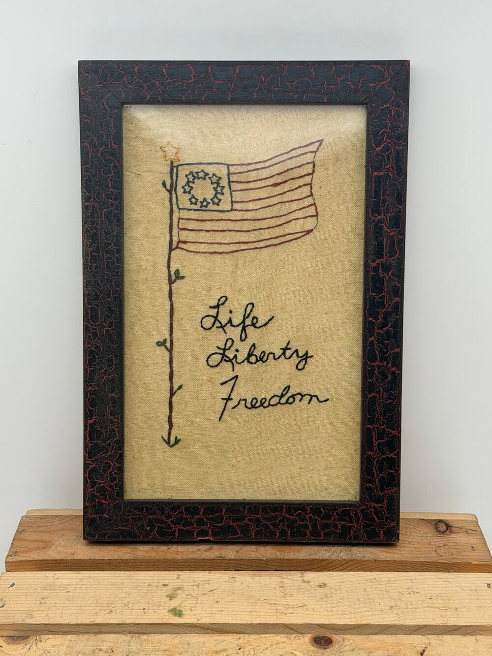 Primitive Katy "Life Liberty Freedom" Embroidered Framed Folk Art -8”x12”